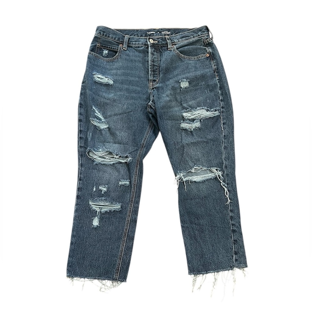 High Rise Slouchy Straight Distressed Dark Wash Raw Hem Jeans Old Navy Size 12